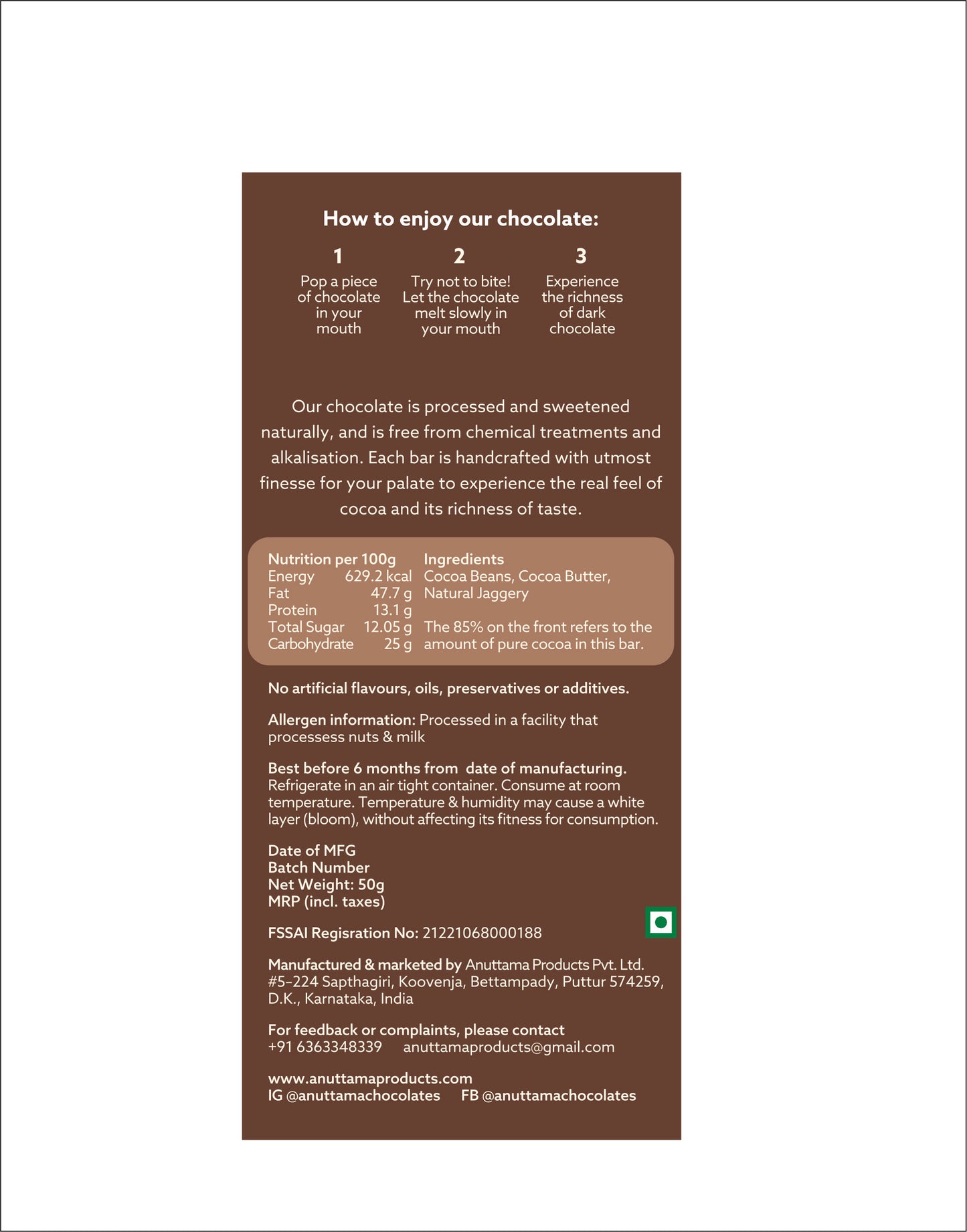 Intense Dark | 85% Cocoa| Sweetened with Jaggery