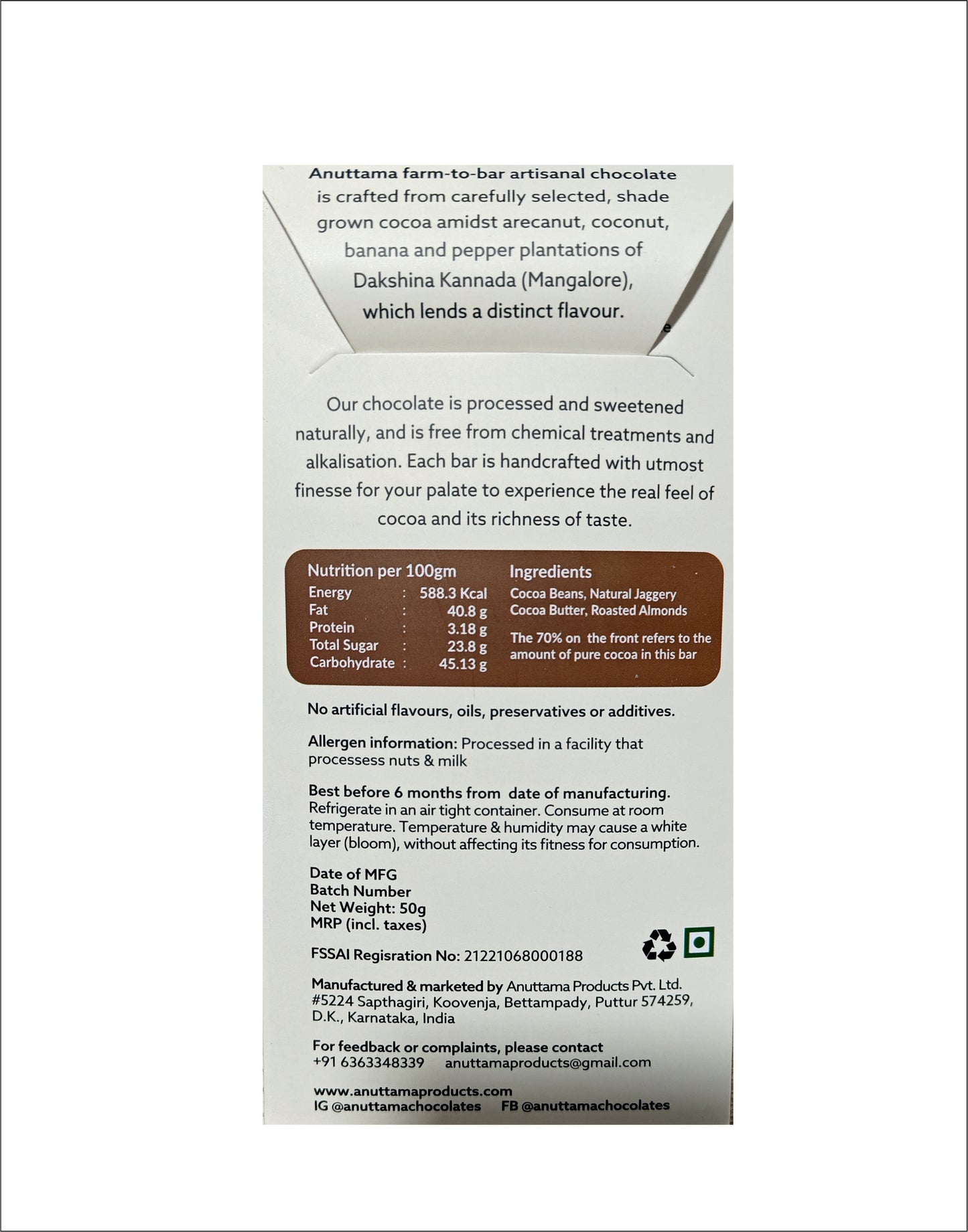 Roasted Almond | 70% Cocoa | Sweetened with Jaggery