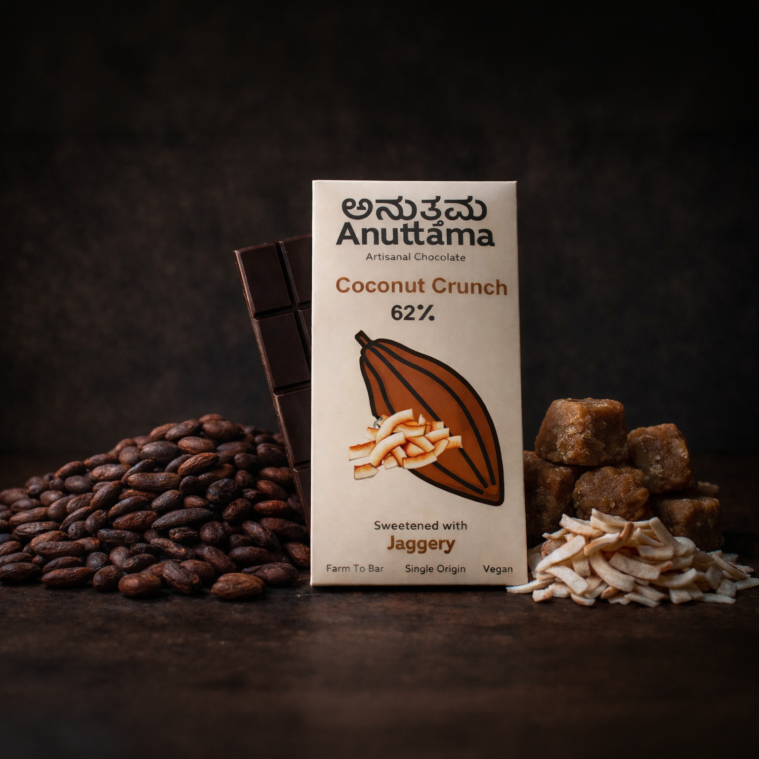 Coconut Crunch | 62%Cocoa | Sweetened with Jaggery image 1