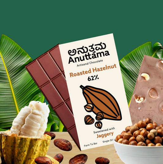 Hazelnut | | 62% Cocoa | Sweetened with Jaggery
