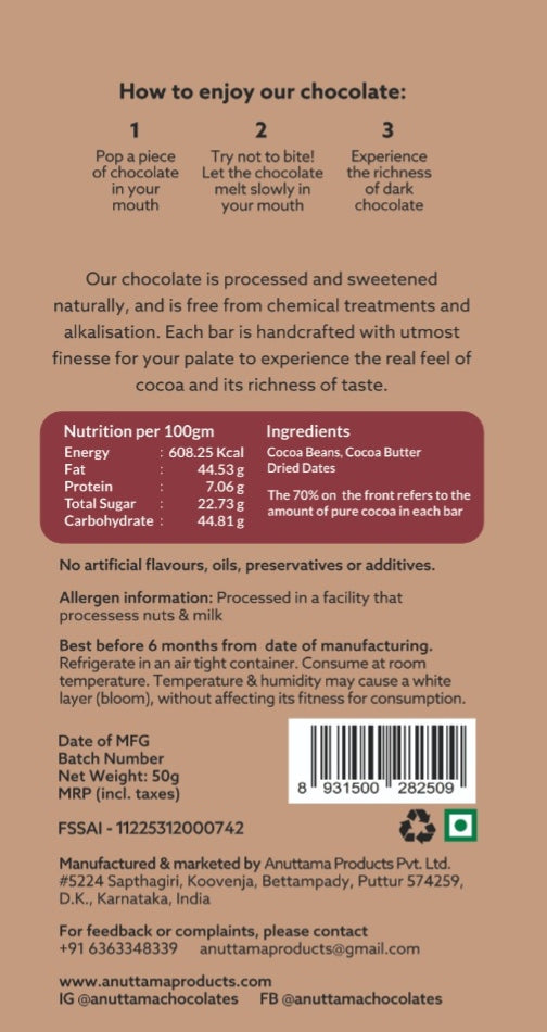 Dates |70% Cocoa |Sweetened with Dates